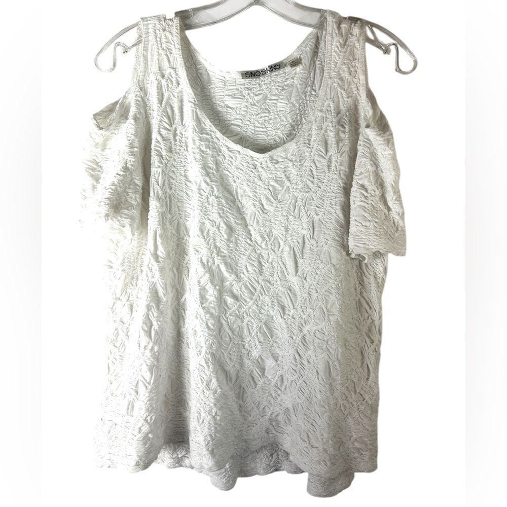 Snoskins womans top white XL ruched stretch cold shoulder capsule casual day